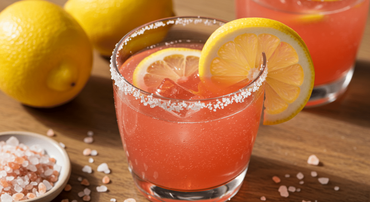 pink salt weight loss drink with lemon garnish on wooden table