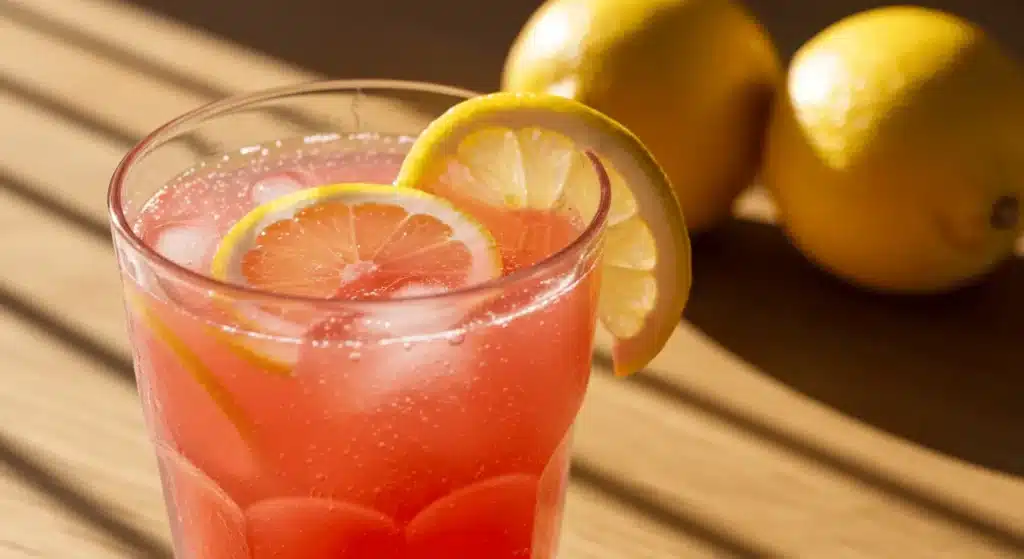 pink salt weight loss drink with lemon garnish on wooden table